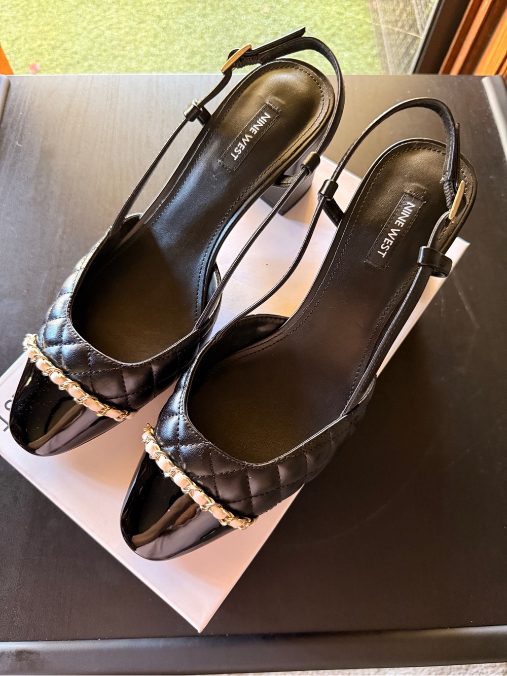 Nine West Black Quilted Slingback Pumps with Gold Chain Trim